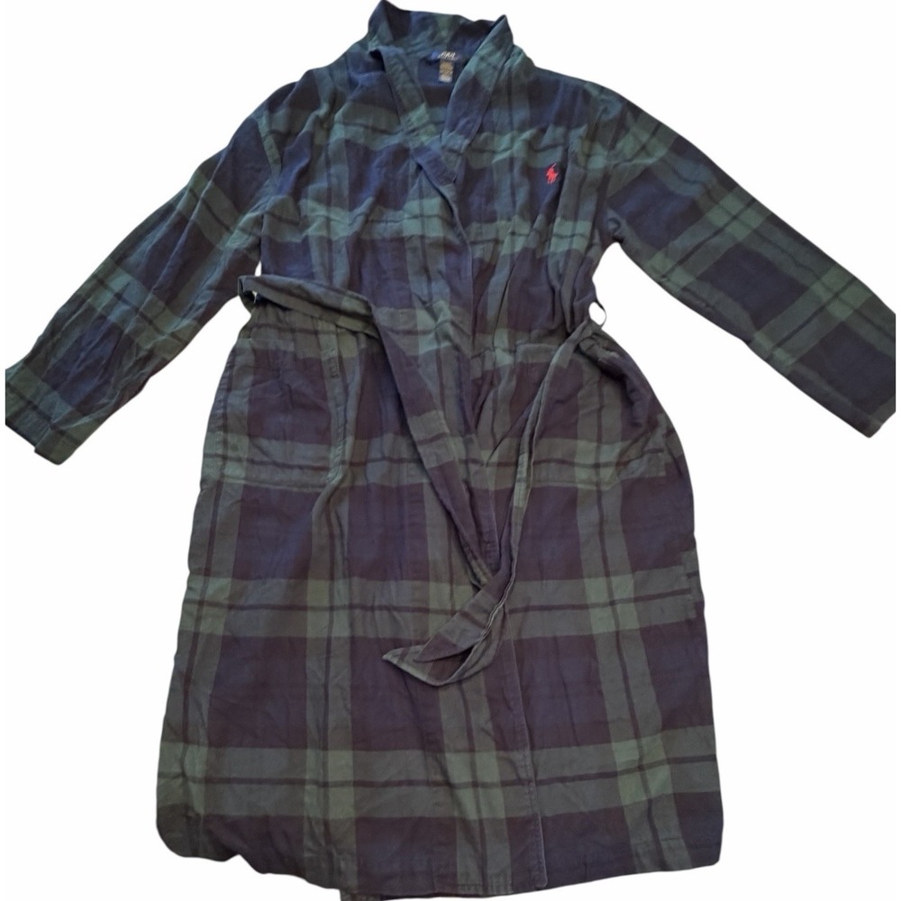 Polo Ralph Lauren Men's Sleepwear Robe Size S/M Green Navy Plaid Cotton Flannel